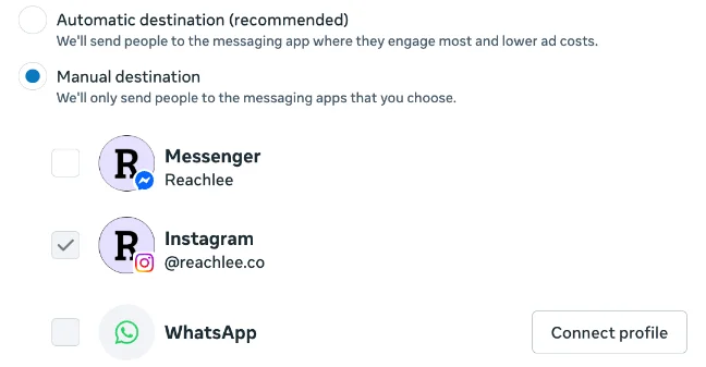 Manual destination with only Instagram ticked