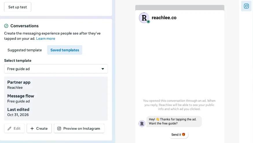 Saved templates with Partner app Reachlee and the greeting in the Instagram preview