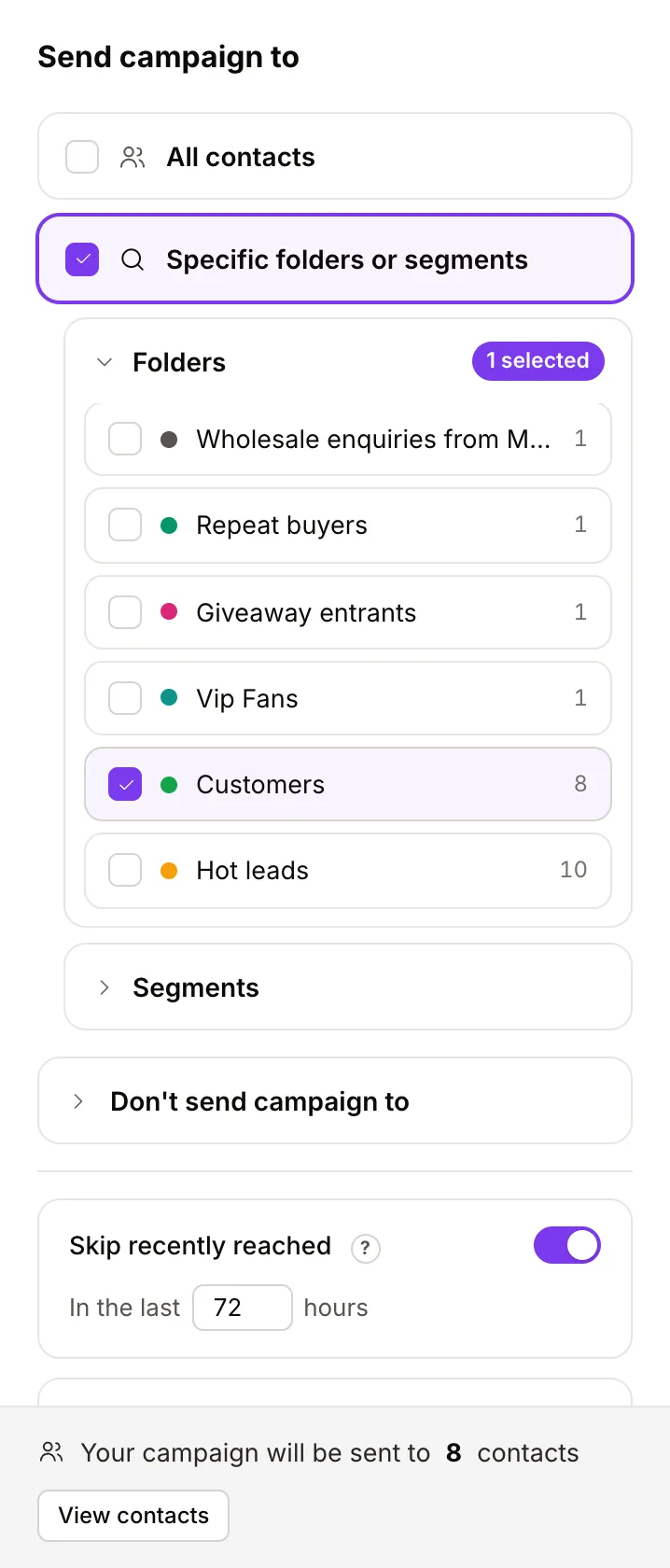 The audience pane with Specific folders or segments chosen and the Customers folder ticked
