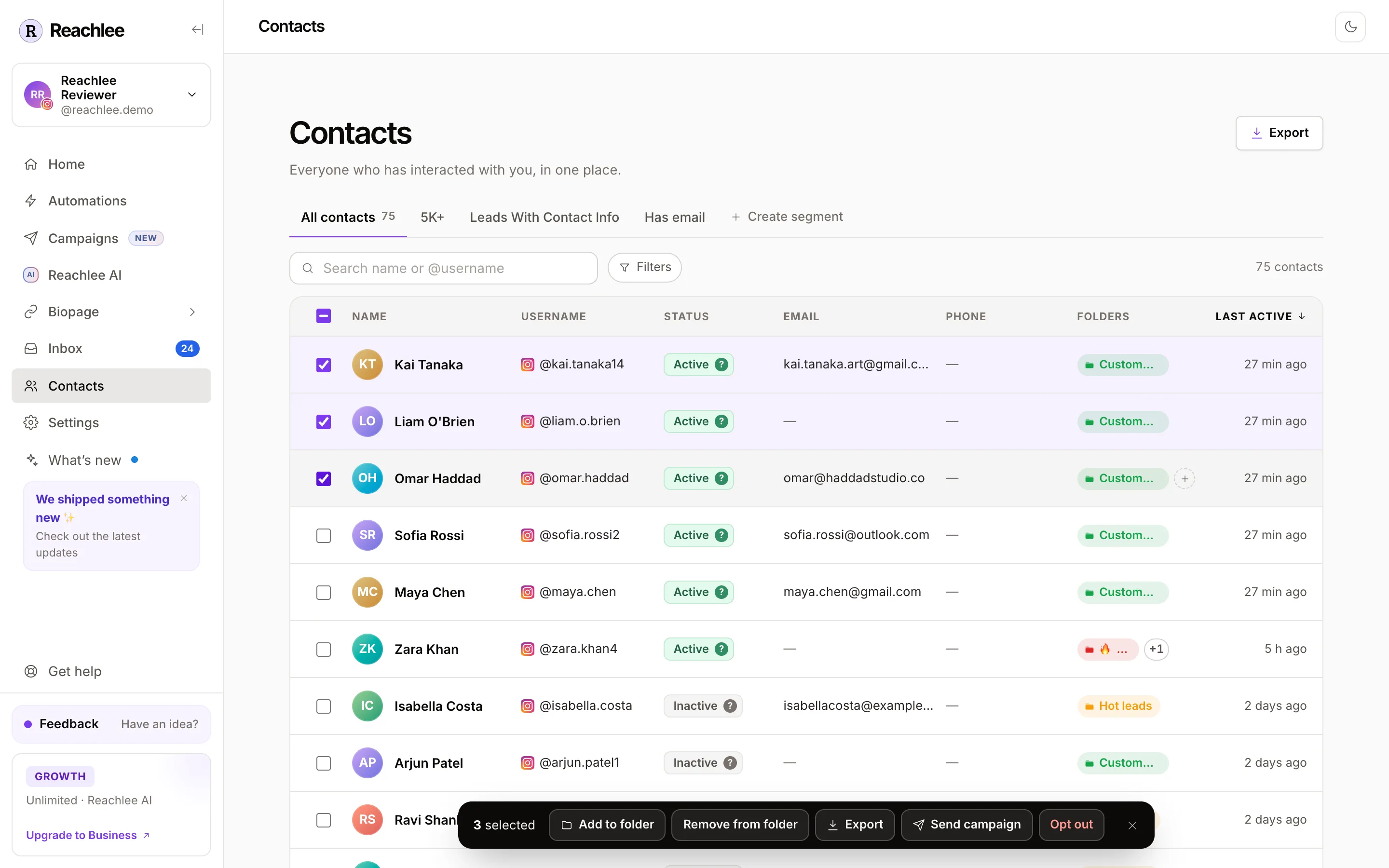 The bulk action bar with three contacts selected