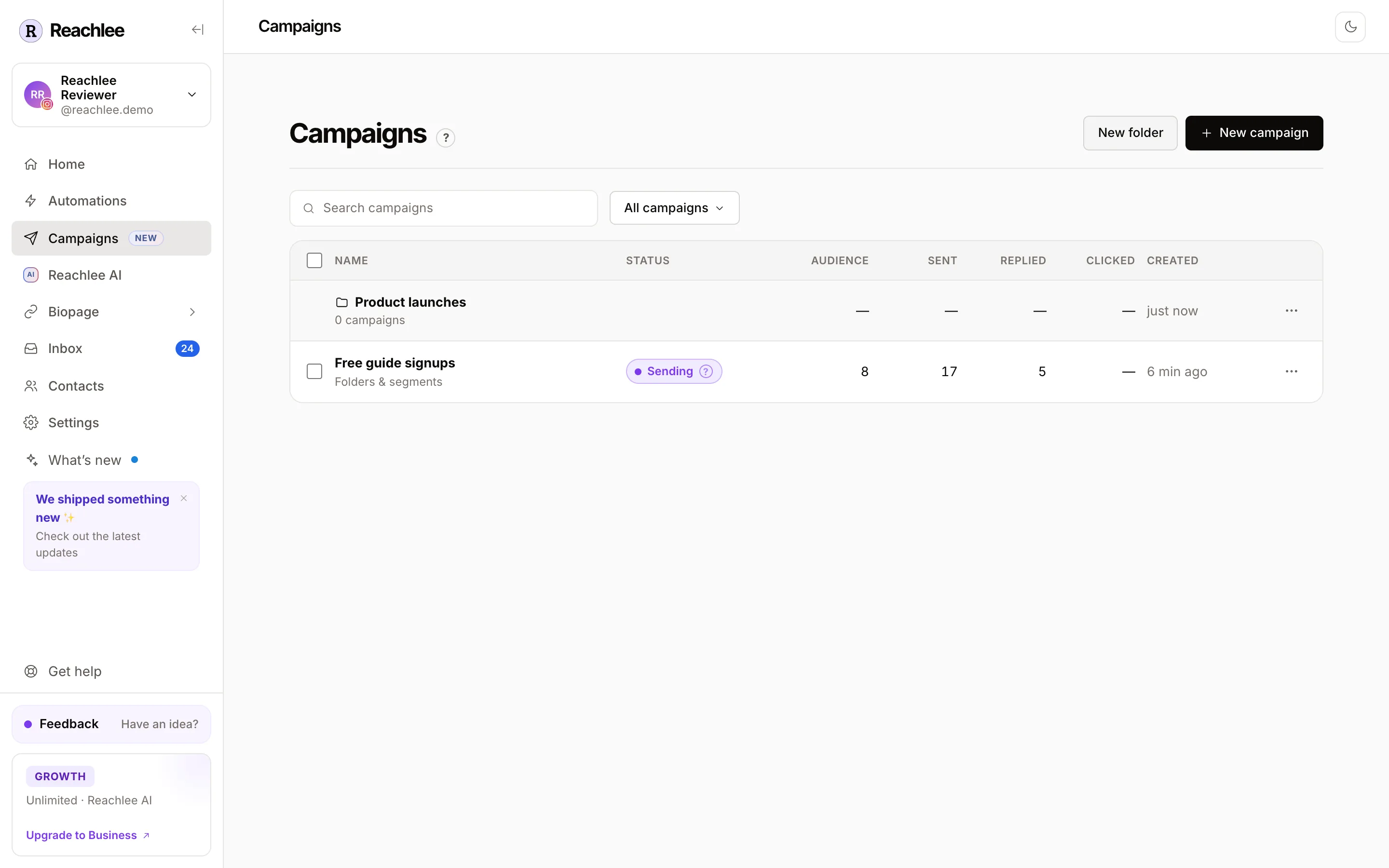 The Campaigns page with a Product launches folder and a sending campaign