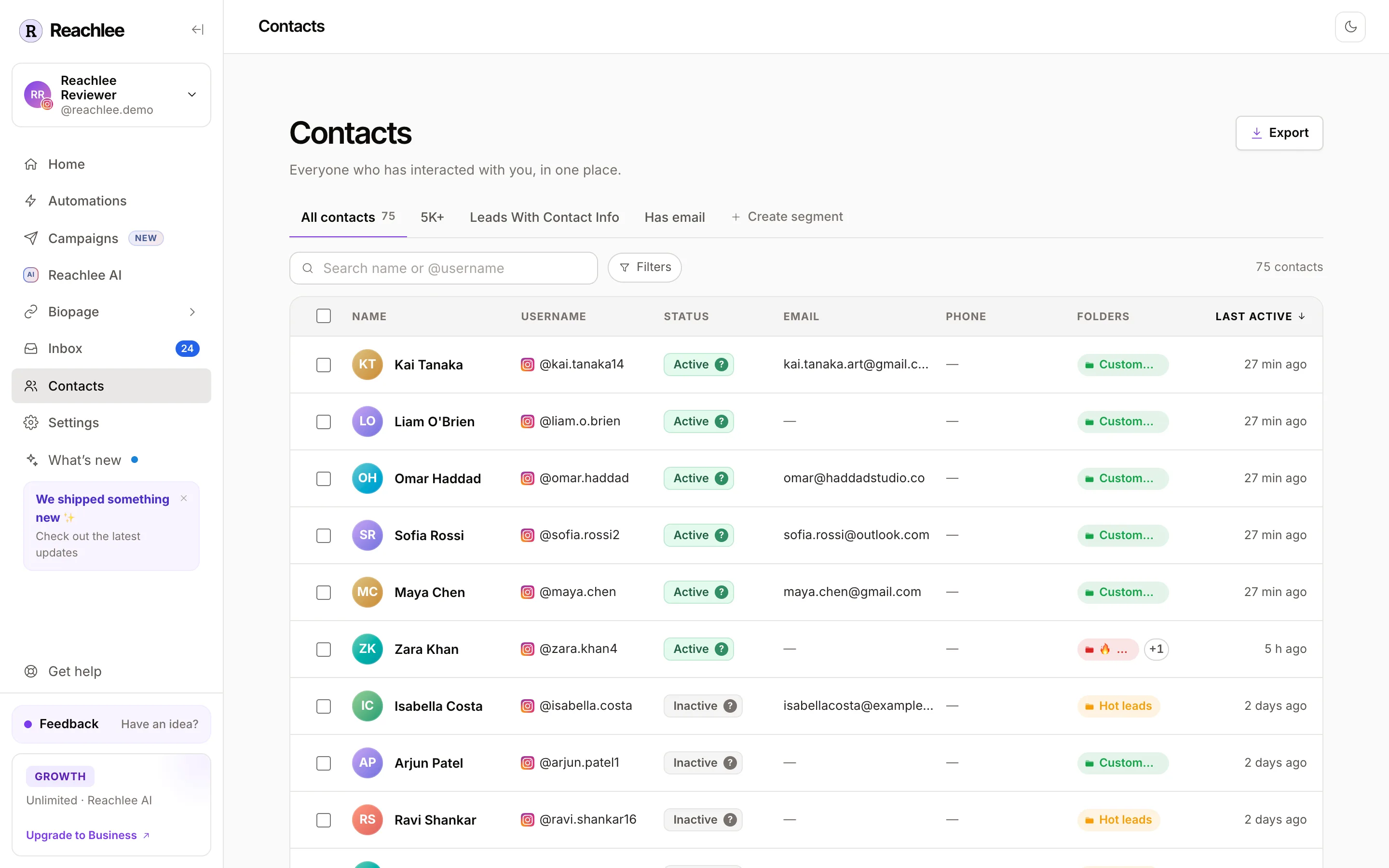 The Contacts page with segment tabs, search, filters and the contact table