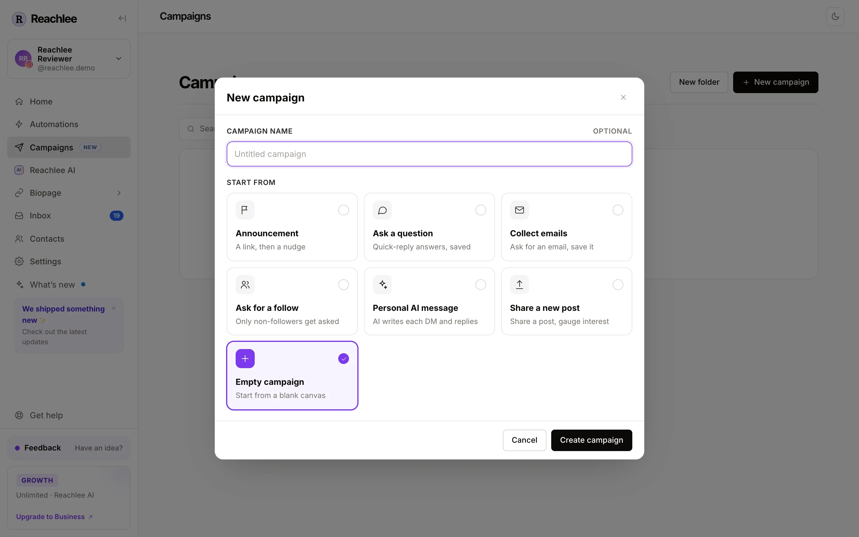 The New campaign dialog: an optional name and seven starting points
