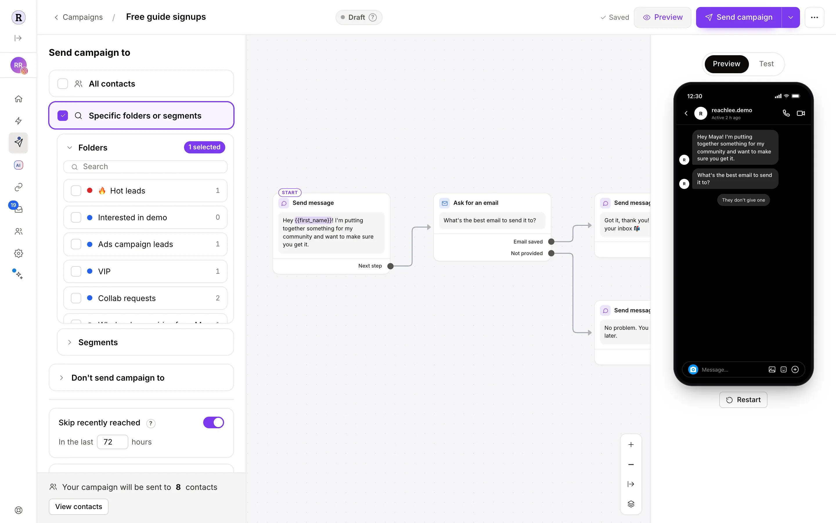 The phone preview walking through the Collect emails template
