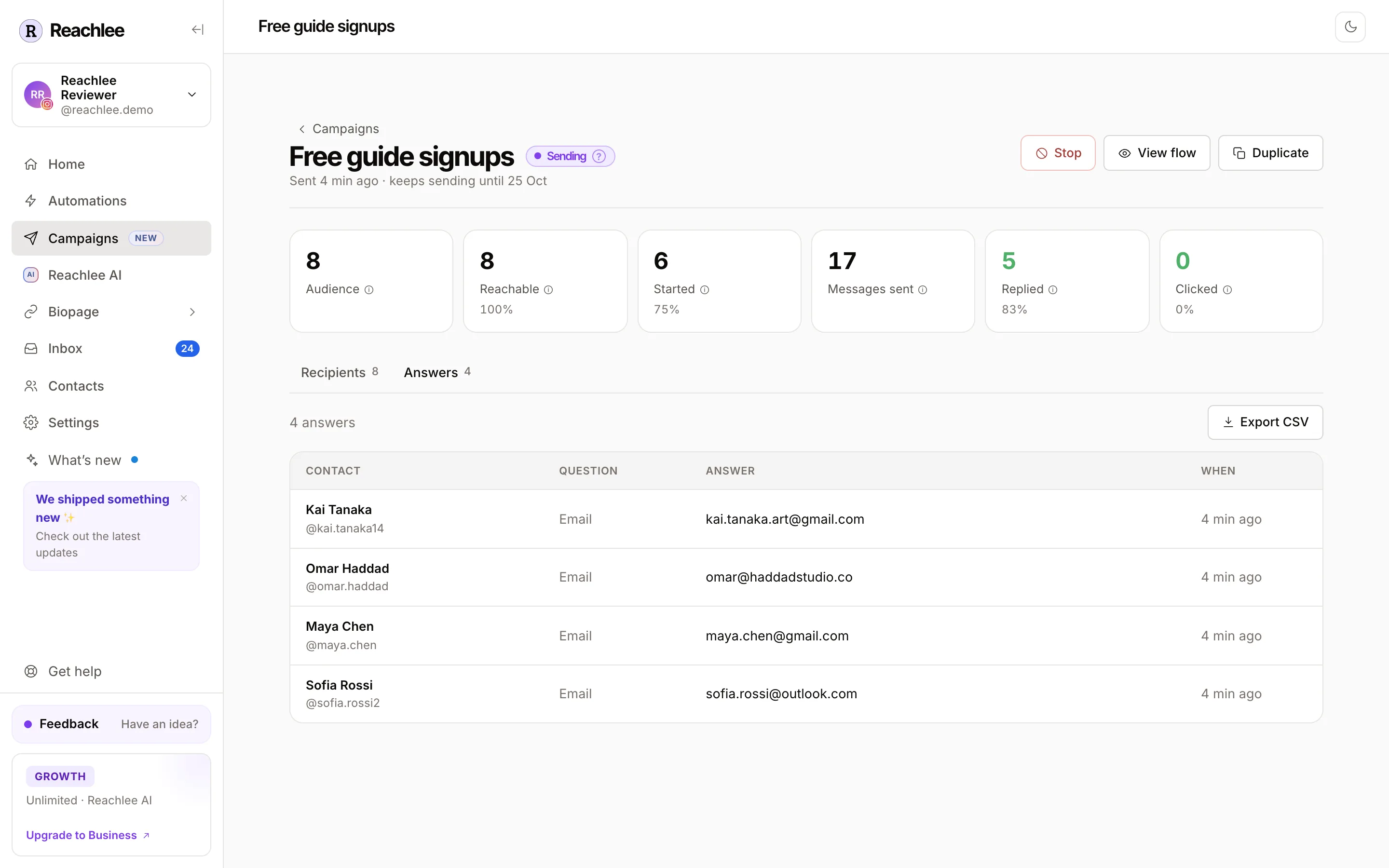 The Answers tab listing four saved emails, with Export CSV