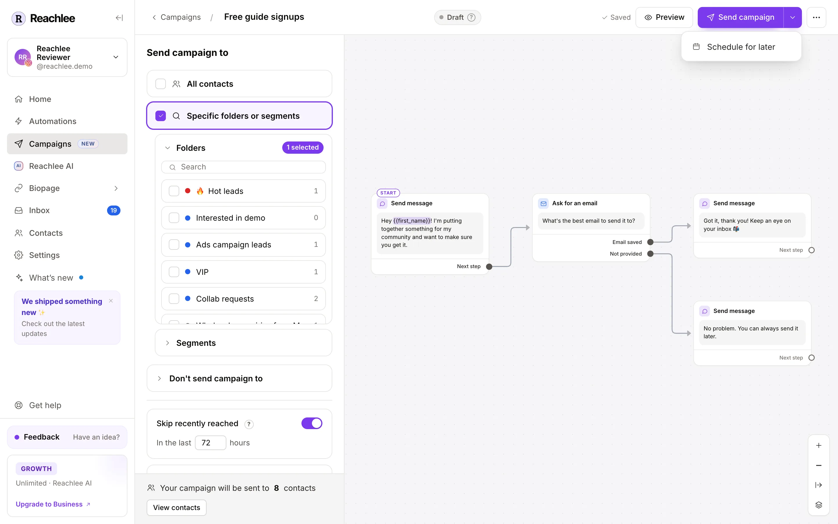 The Schedule for later option under the Send campaign arrow