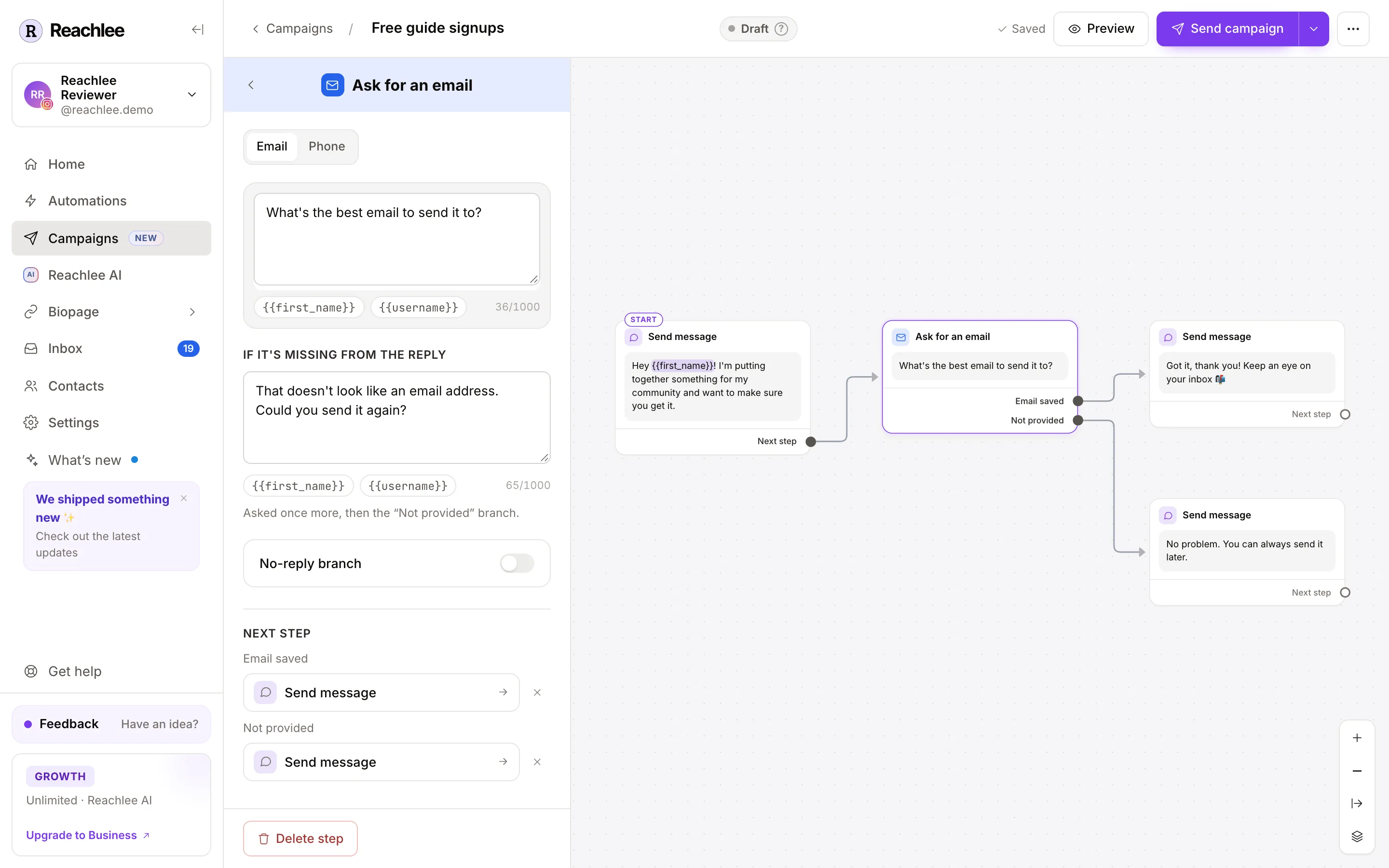The editor with the Ask for an email step open on the left