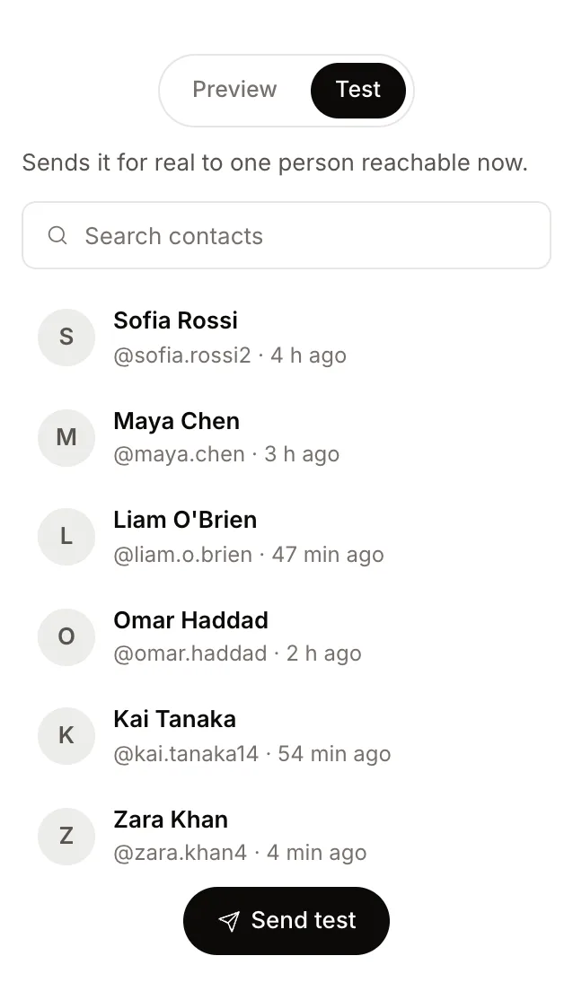 The Test tab with a list of contacts reachable now